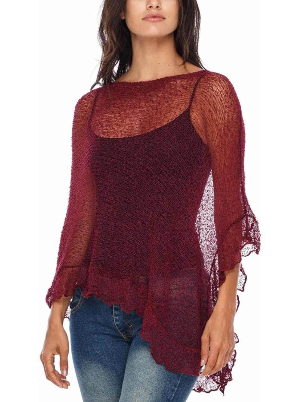Women’s Wine Sheer Knit Poncho Shrug Lightweight Asymmetrical Ruffle Wraps